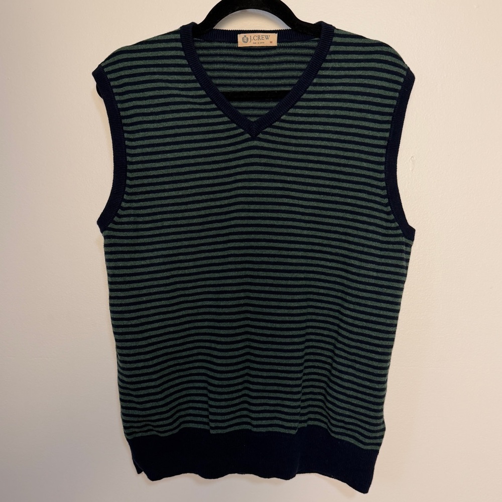 J Crew vintage green and blue vneck sweater vest cotton cashmere size medium - Picture 3 of 7